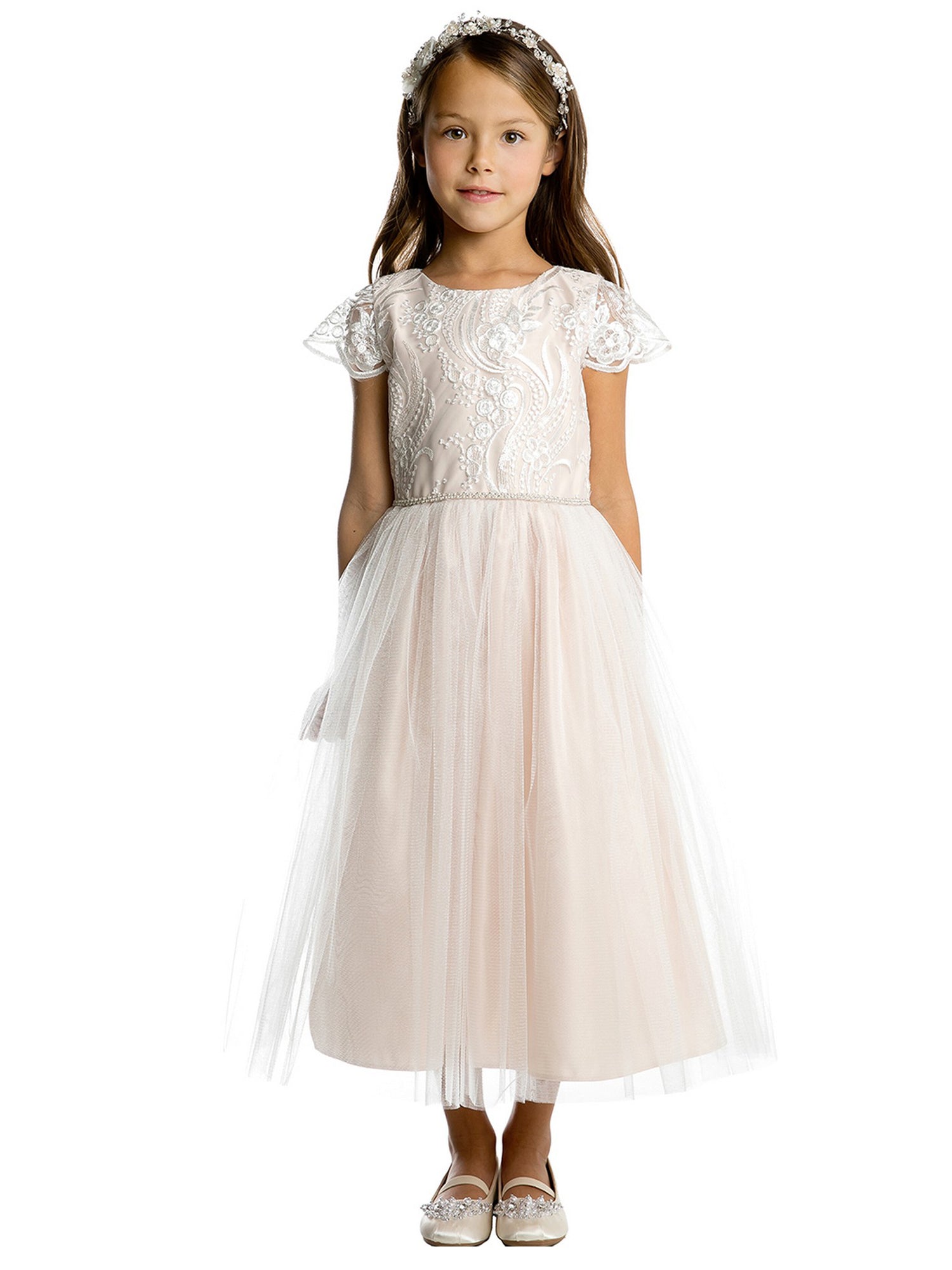 Girls Sequin Lace Top Dress with Satin and Crystal Tulle Skirt and Petite  Rhinestone Waist Trim, Sizes 2-16