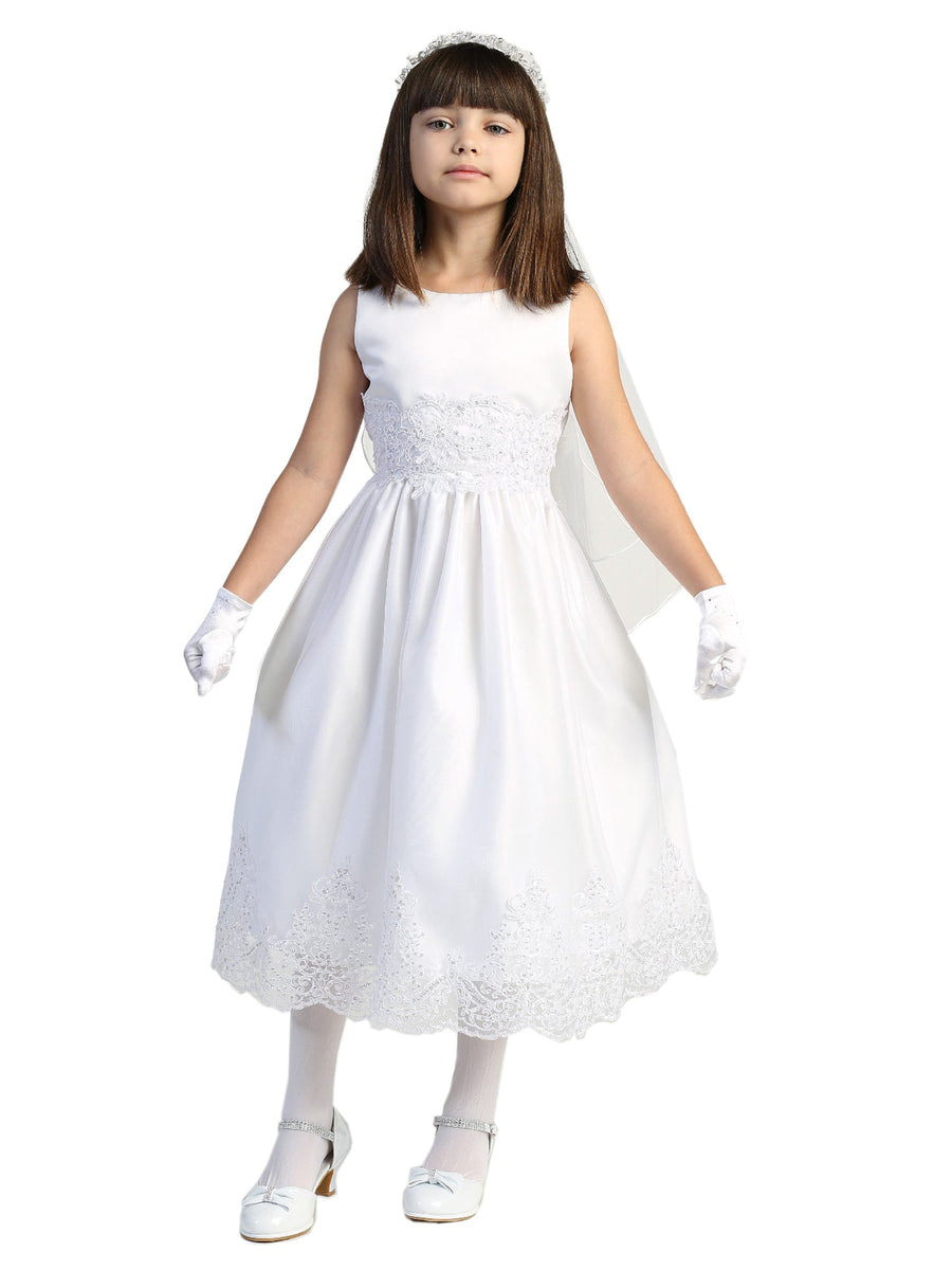 Big Girls White Pearl Trim Classic Pleated Plus Size Communion Dress 16.5-20.5