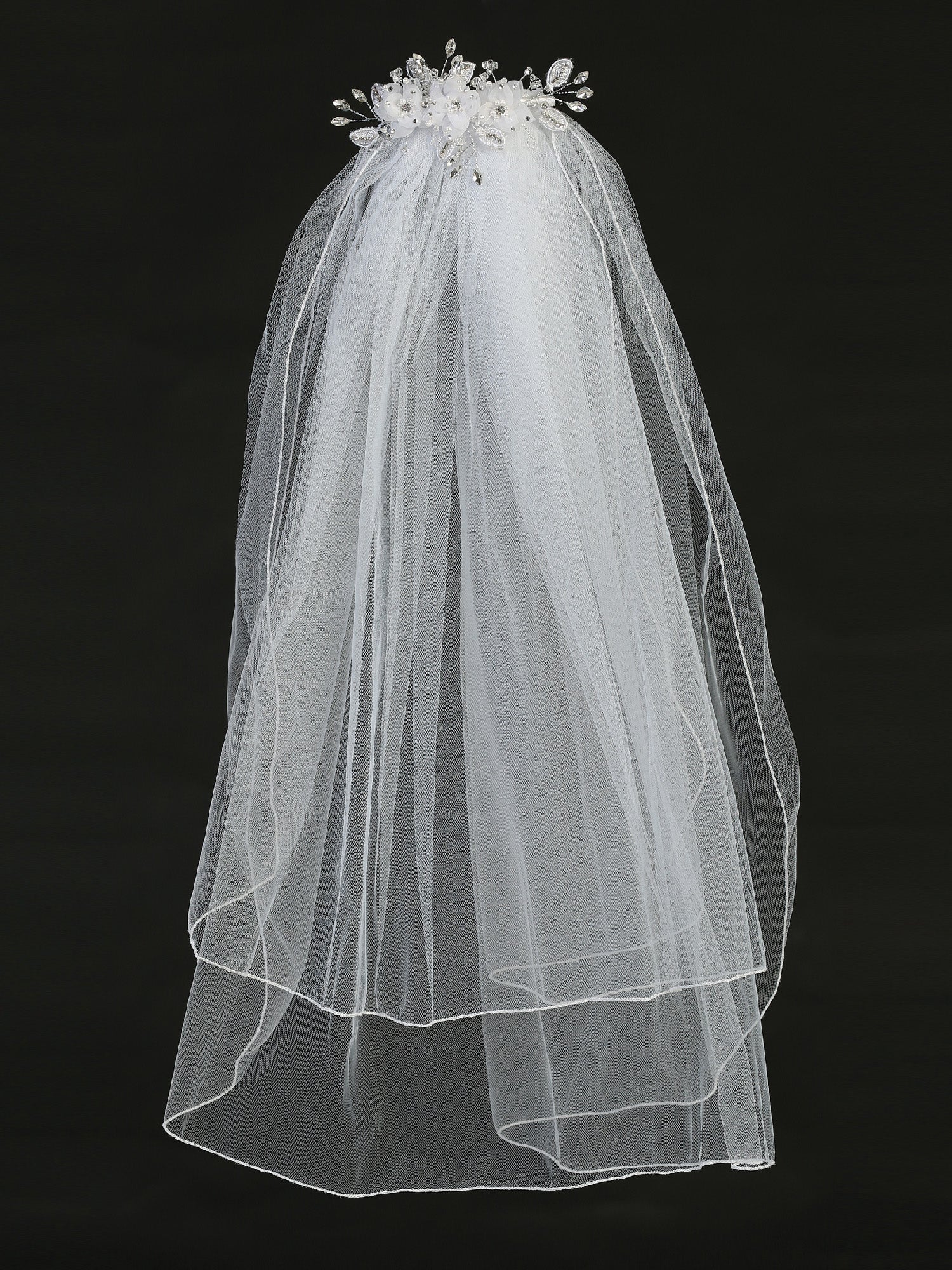 First Communion Veil, Floral & Rhinestone, 2-Tiered, Corded Veil