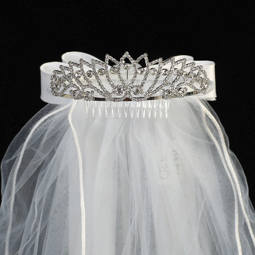 Girls White Cross Rhinestone Satin Bow Communion 24" Veil Tiara