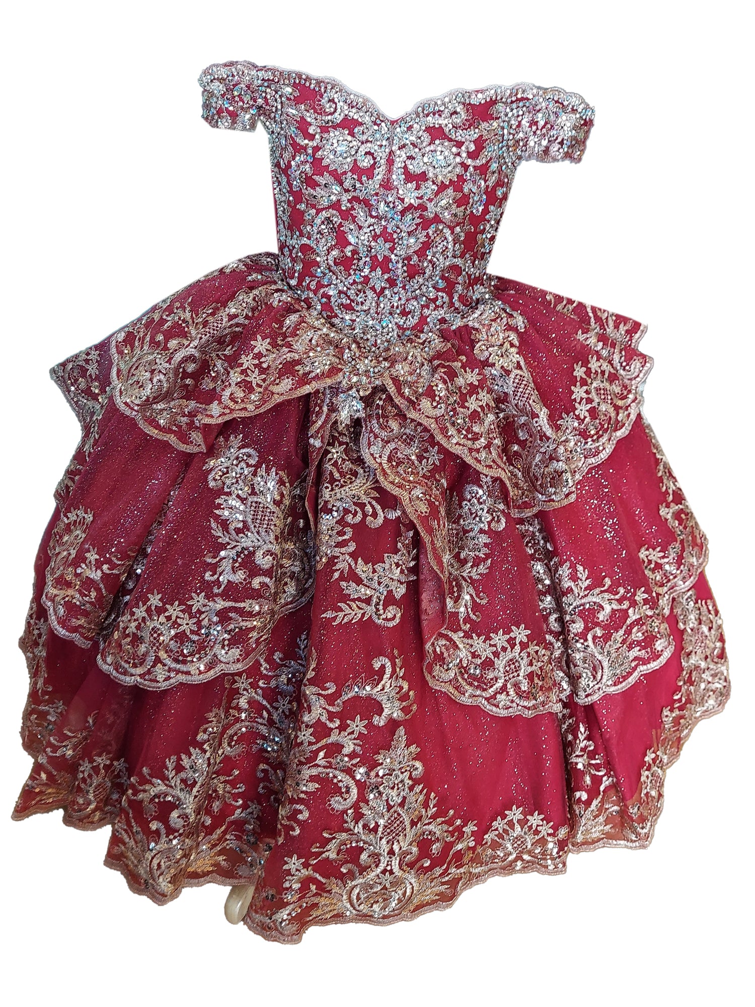 Little Girls Burgundy Glittery Gold Embroidered Off Shoulder Ball Gown 6 Little Girls Burgundy Glittery Gold Embroidered Off Shoulder Ball Gown 6