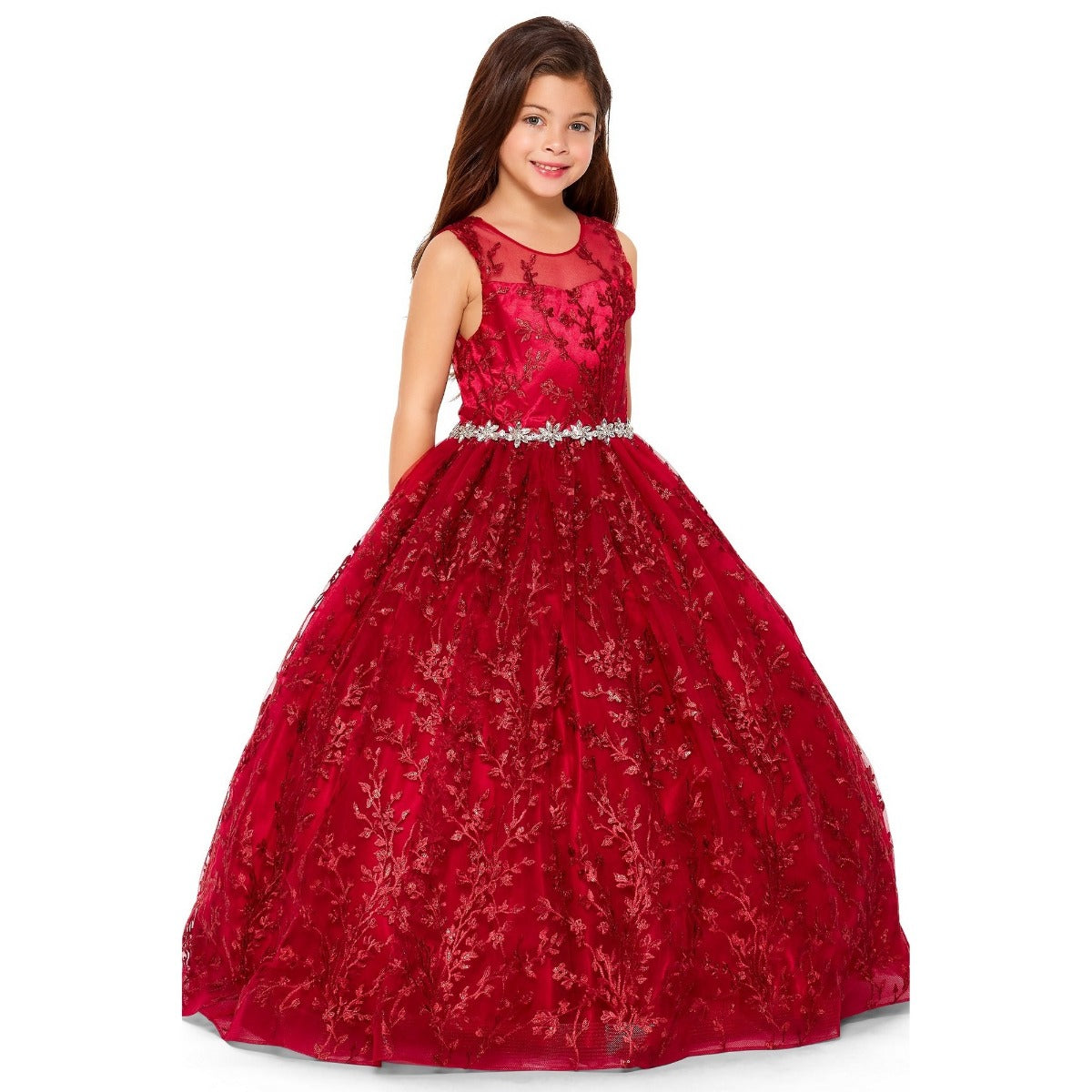 Little Girls Burgundy Glitter Embroidered Rhinestone Belt Ball Gown 2-   SophiasStyle.com