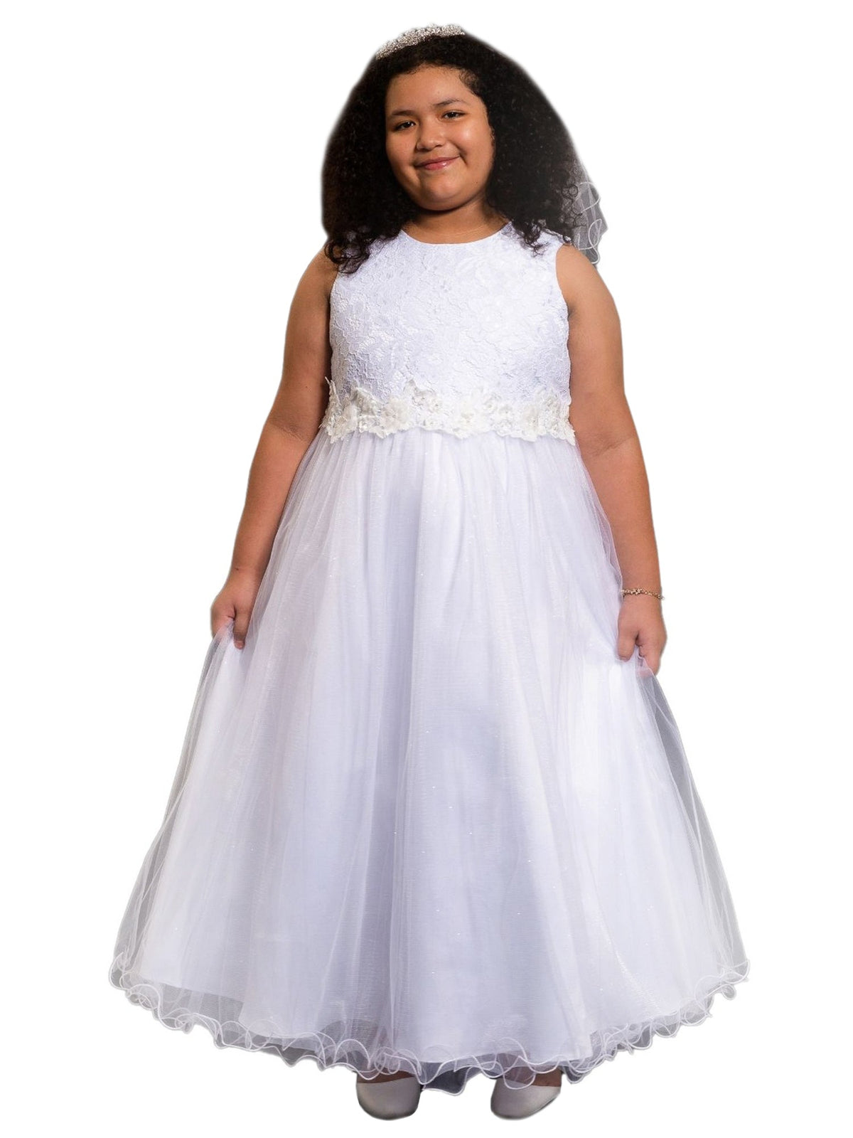 Girls Illusion Neckline Pearl Sequin Corded Embroidered Tulle Communion Dress 6-12