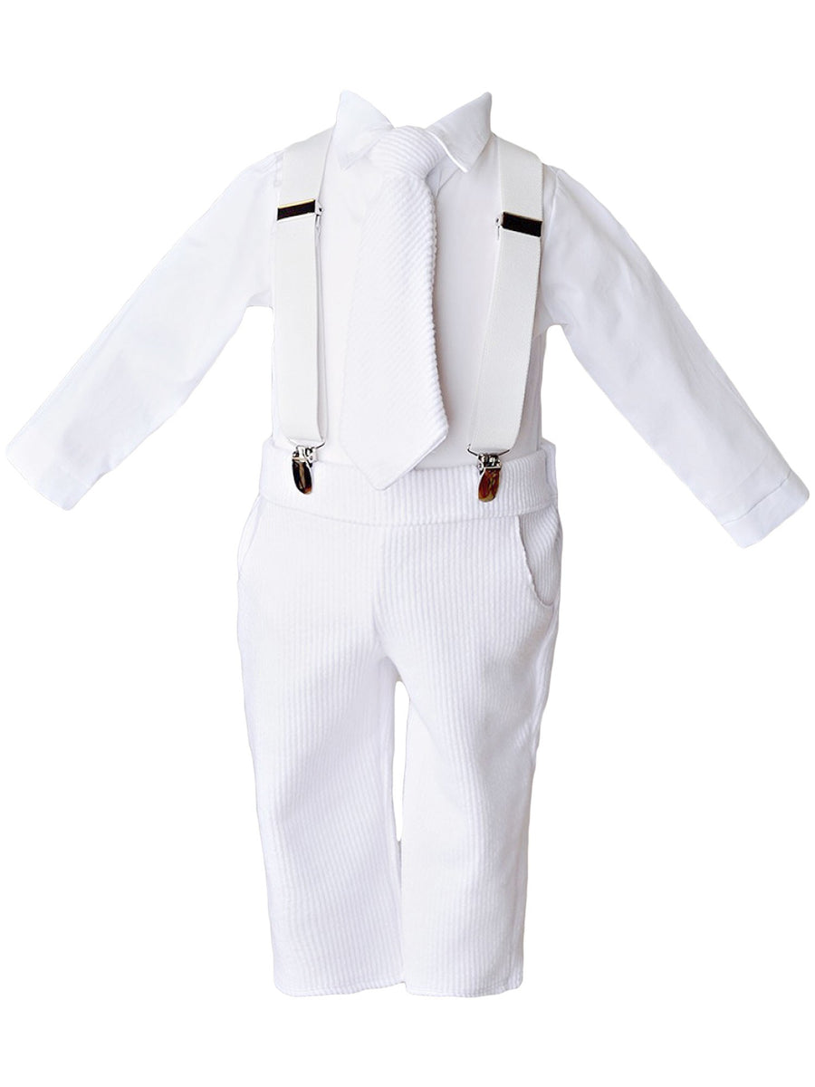 Baby Boys White Knit 4pc Romper Pants Tie Suspenders Christening Outfi